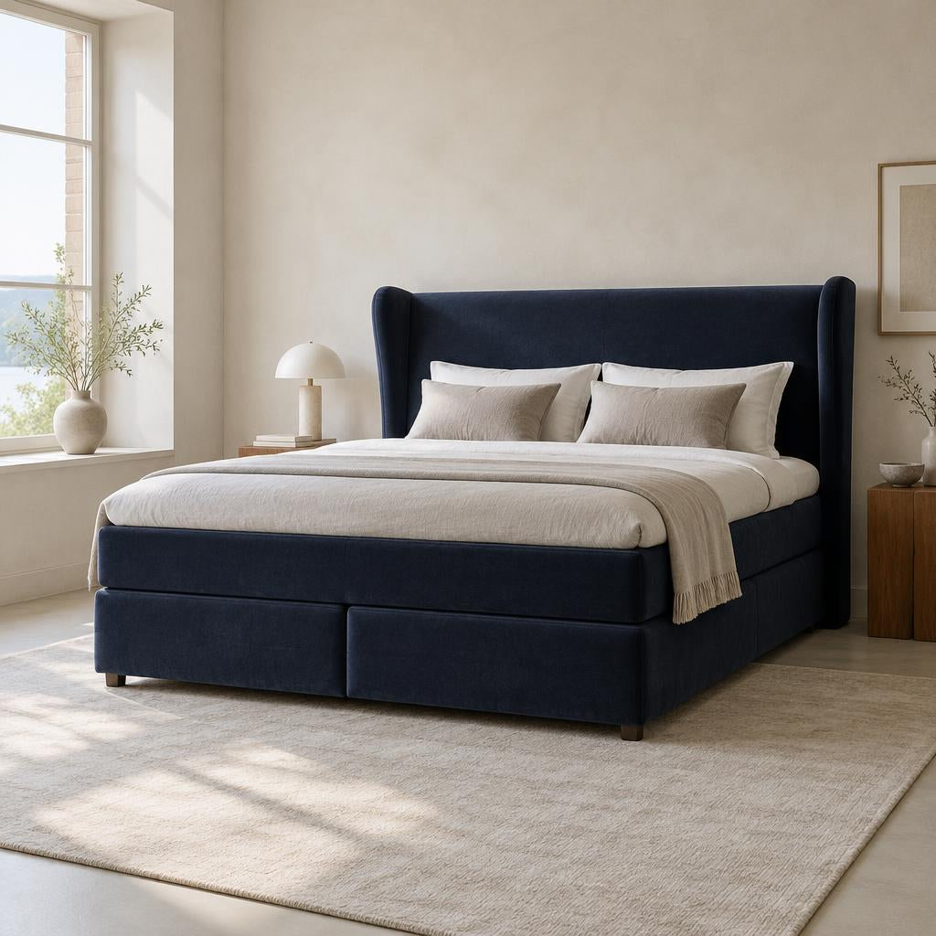 Boxspringbett Zugo – dunkelblauer Samt mit Ohrenkopfteil