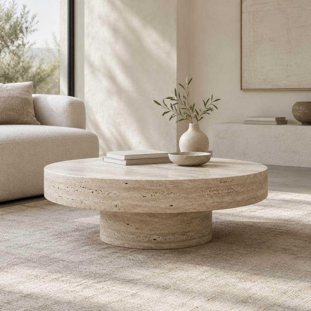 Couchtisch Basilea – runder Tisch aus Travertin